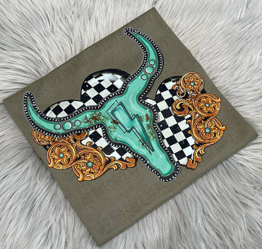 Turquoise Bull Skull and Checkered Hearts- WS