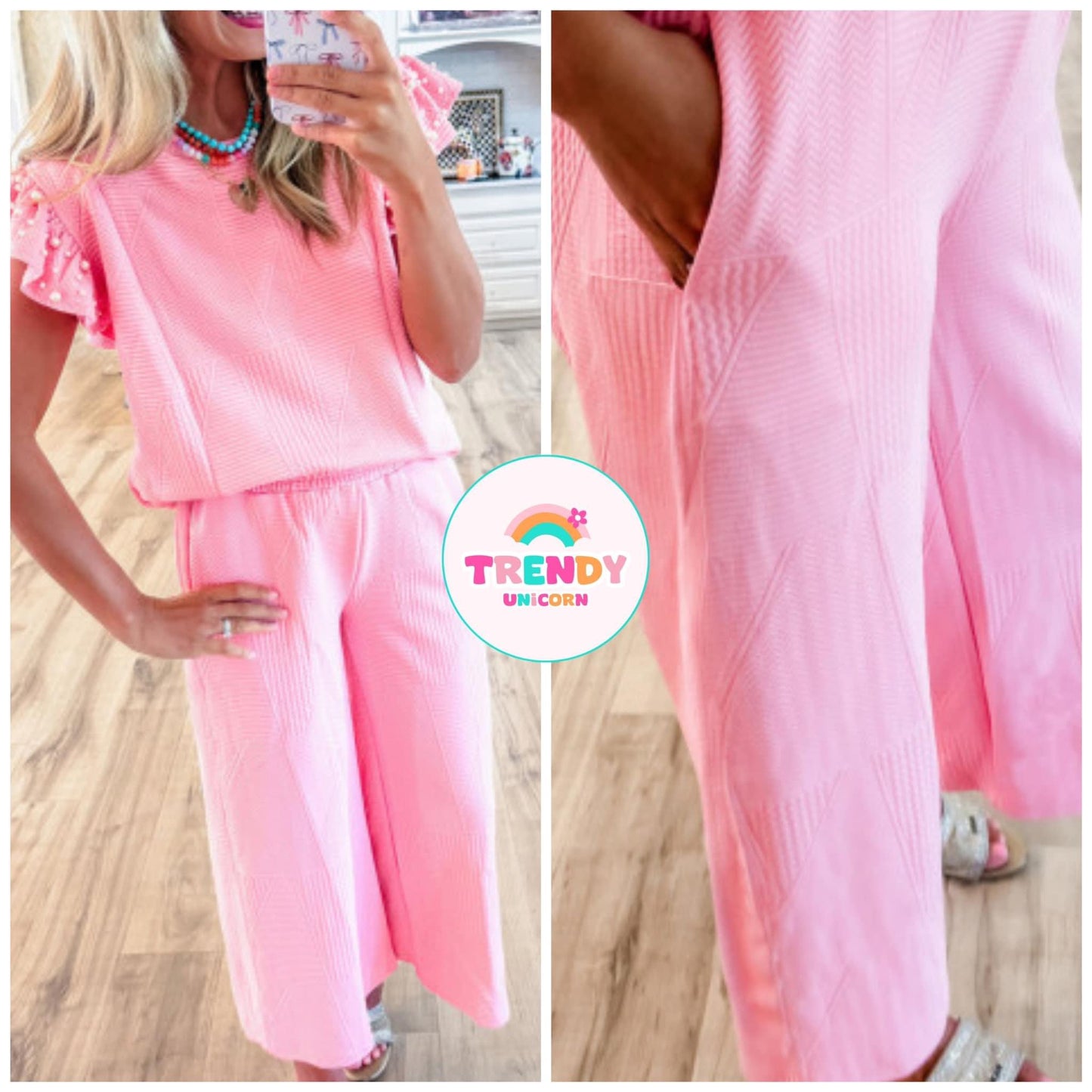 Pink flutter sleeve with wide leg pants set