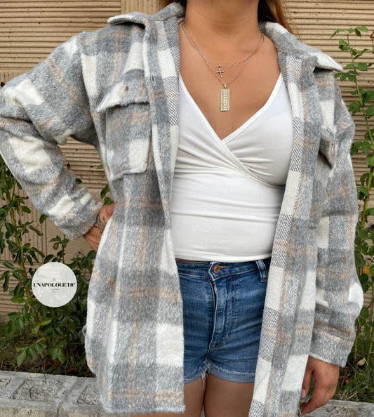 Plaid Long Button Up Jacket - WS