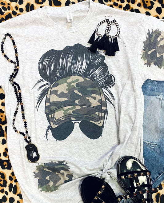 Messy Bun Camo Hat Tee with Camo Patches