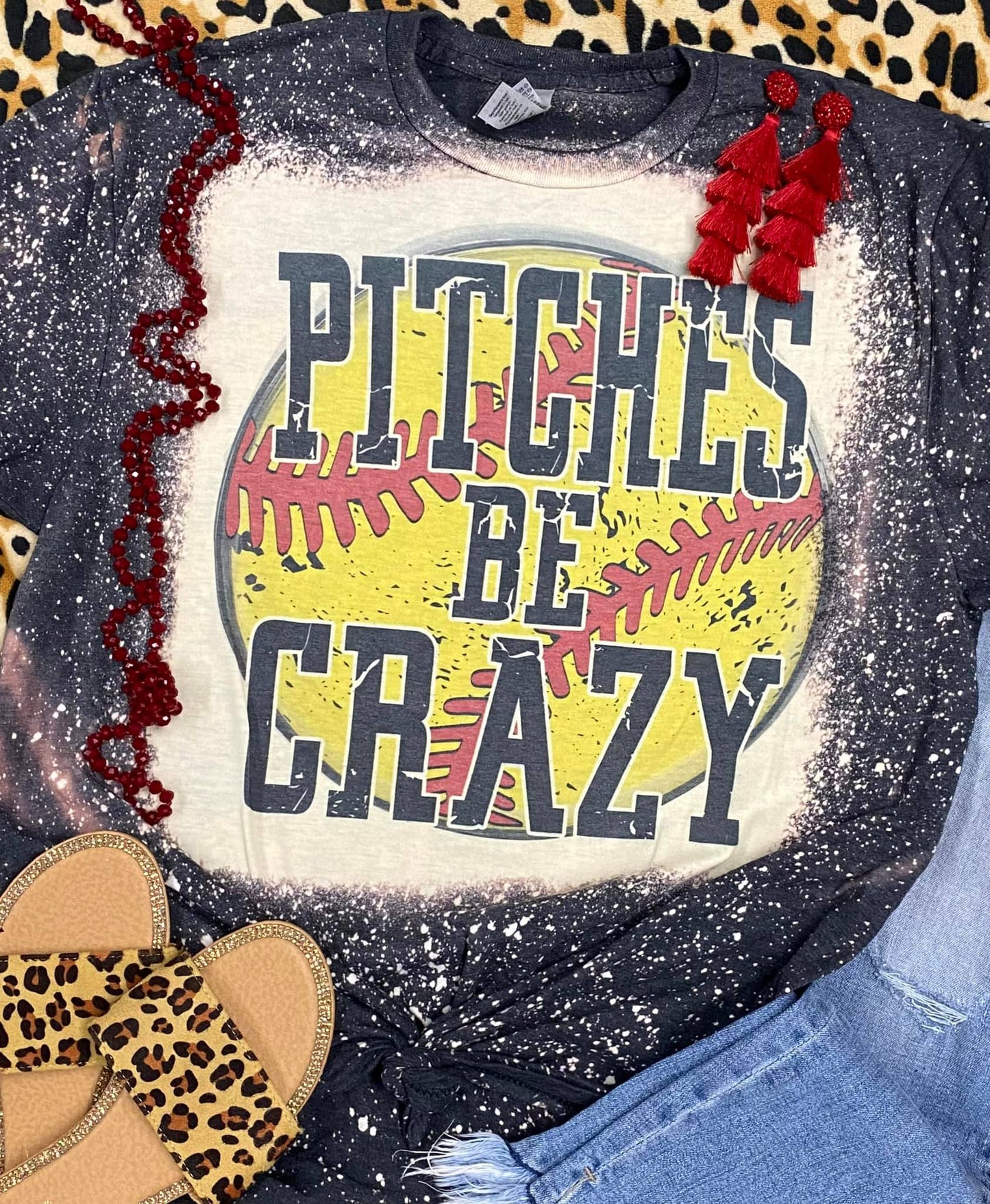 Pitches Be Crazy Baseball/Softball Grey Bleached Tee